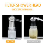 Two shower heads filling jars: the filtered head fills the left jar with clear water, while the unfiltered head fills the right jar with cloudy water.