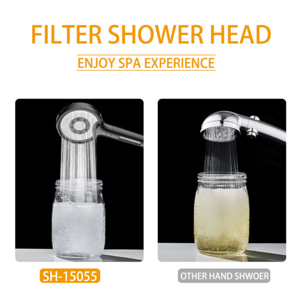 Two shower heads filling jars: the filtered head fills the left jar with clear water, while the unfiltered head fills the right jar with cloudy water.