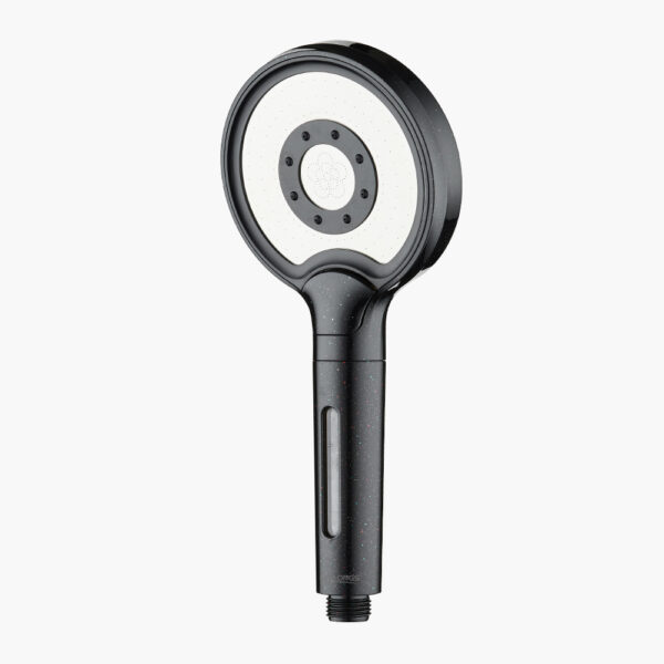 Black and silver handheld showerhead with circular design and multiple nozzles.