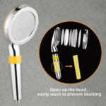 Silver shower head with yellow band, parts shown: "Open up to easily wash and prevent blocking.