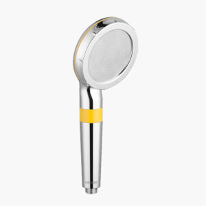 A chromehandheld filtered showerhead with a yellow-accented handle, set against a white background.