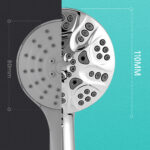 A comparison image of two showerheads: the left has an 80mm diameter, the right has a 110mm diameter.