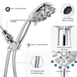 A high-pressure shower head with self-cleaning nozzles, adjustable bracket, built-in washer, 59" hose, flow restrictor, and 6 settings.