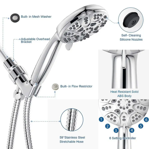 Une pomme de douche haute pression avec buses autonettoyantes, support réglable, laveuse intégrée, tuyau de 59", limiteur de débit et 6 réglages.