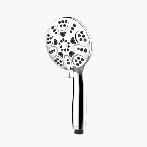 A 2.5 gpm showerhead with black nozzles and multiple spray settings, shown against a white background.