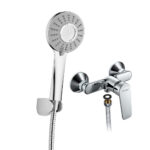 A modern chrome handheld showerhead with hose, mounting bracket, and a wall-mounted diverter valve with handle.