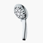 high pressure handheld showerhead with multiple spray settings, a circular face with rubber nozzles, and a sleek handle.