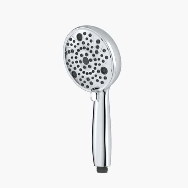 Um chuveiro de massagem manual cromado com múltiplas configurações de jato e fluxo de água ajustável, mostrado sobre um fundo branco liso.