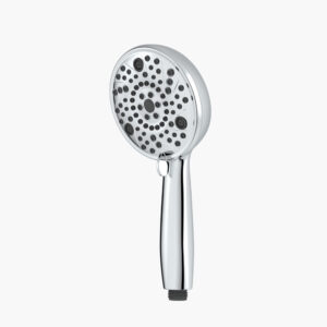 A chrome handheld massaging showerhead with multiple spray settings and adjustable water flow, shown against a plain white background.