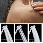 A person using a handheld shower head. Three images show spray settings: "Rain," "Massage," and "Combo.