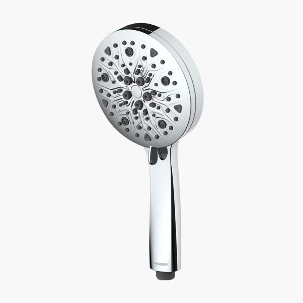 A modern chrome handheld showerhead with multiple spray nozzles.