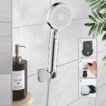 A chrome handheld showerhead is mounted on a white tiled wall beside a soap dispenser, with three images showing how to attach the holder.