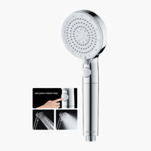 A round handheld showerhead with multiple nozzles and a "one press instant stop" button, shown in three smaller insets.