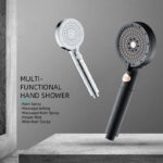 Image shows two hand showers with these functions: Rain, Massage Jetting, Massage+Rain, Power Mist, and Mist+Rain. Text: "Multi-Functional Hand Shower.