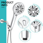 Image of a detachable shower head with anti-clog nozzles, 8 settings, jet spray button, and G1/2" thread.