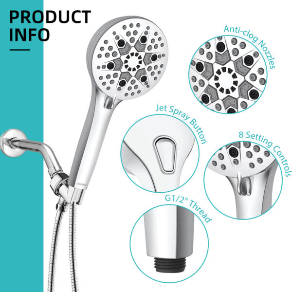 Imagen de un cabezal de ducha desmontable con boquillas antiobstrucción, 8 configuraciones, botón de chorro y rosca G1/2".