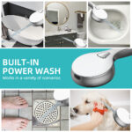 Multi-use power wash tool cleans bathtub, sink, feet, dog, and drain. Text: "BUILT-IN POWER WASH - Versatile uses.