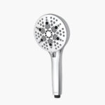 A handheld shower head with multiple spray settings and a star-shaped nozzle.