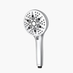 Handheld showerhead with circular spray nozzles and sleek silver finish.