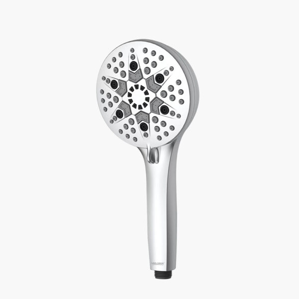 Handheld showerhead with circular spray nozzles and sleek silver finish.