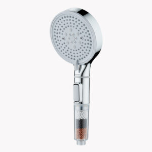 Silver handheld shower filter for hair and skin and black, white, and brown beads in the handle.