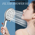 A person showers with a handheld filter shower head, water streaming onto their face against a blue background.