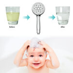 A "before and after" image of improved water clarity from a shower filter, featuring a baby in the bathtub lathering shampoo.