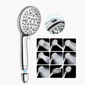 A handheld shower head is shown with multiple spray settings, including mist and jet streams. Inset shows a close-up of the spray holes.