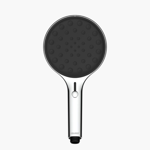 Round black nozzle and silver handle showerhead.