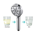 Showerhead with before-and-after water images: left glass "Dirty Water" (yellowish), right glass "After" (clearer).