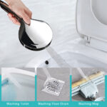 A hand uses a multifunctional cleaning device to spray water into a toilet. Images show it washing a toilet, floor drain, and mop.