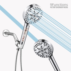 Two views of a 9-function filter shower head: one shows water streams, the other an angled adjustment.