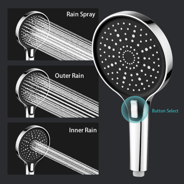 Chuveiro de mão com três configurações de jato: Chuva, Chuva Externa e Chuva Interna, ajustáveis por meio de um botão na alça.