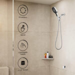 Modern shower with 8-function head, button control, comfy handle, G1/2" thread in beige-tiled bathroom with corner shelf for bottles.