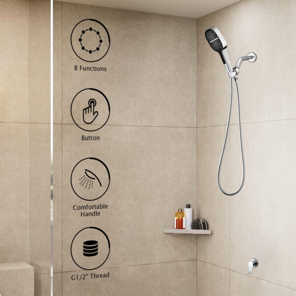 Douche moderne avec pommeau 8 fonctions, commande par bouton, poignée confortable, filetage G1/2" dans salle de bain carrelée beige avec étagère d'angle pour bouteilles.