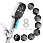 Silver handheld shower head with hose and 8 spray settings shown in small circular images around the product.