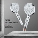 Two filter shower heads with detachable filters, showcasing rain spray, oxygen spray, and massage jetting features.