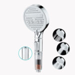 Chrome handheld shower head with a mineral filter in the handle and three images showing different spray patterns.