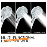 Three images display a multi-functional hand shower with Rain Spray, Power Mist, and Mist+Rain settings. Text: "For the whole family.