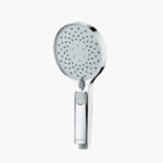 A circular handheld turbo showerhead with multiple nozzles and a button on the handle.