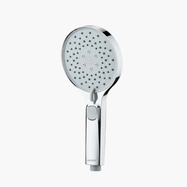 A circular handheld turbo showerhead with multiple nozzles and a button on the handle.