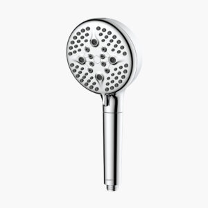 A silver handheld shower head with multiple adjustable nozzles, set against a plain white background.