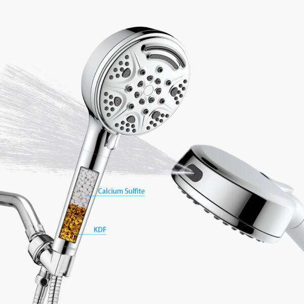 A handheld showerhead with multiple spray settings and visible calcium sulfite and KDF filters, sprays water from the nozzle.