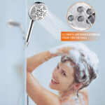 A person washes their hair under a handheld showerhead with multiple spray options. Text reads "Ultimate Shower Experience from Tiny Details.