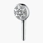 A chrome handheld showerhead with multiple circular spray nozzles.