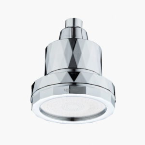 Sleek modern chrome shower head with LED lighting and adjustable spray settings for a luxurious bathroom experience.