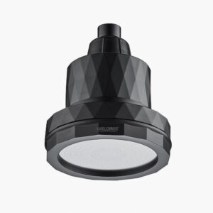 Black showerhead with a modern geometric design, suitable for contemporary bathroom decor.