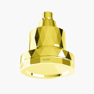Shiny gold spray nozzle with a modern, geometric design for luxury home accessories or high-end bath fixtures.