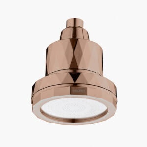 Sleek rose gold ceiling shower head with modern geometric design, suitable for luxurious bathroom decor.