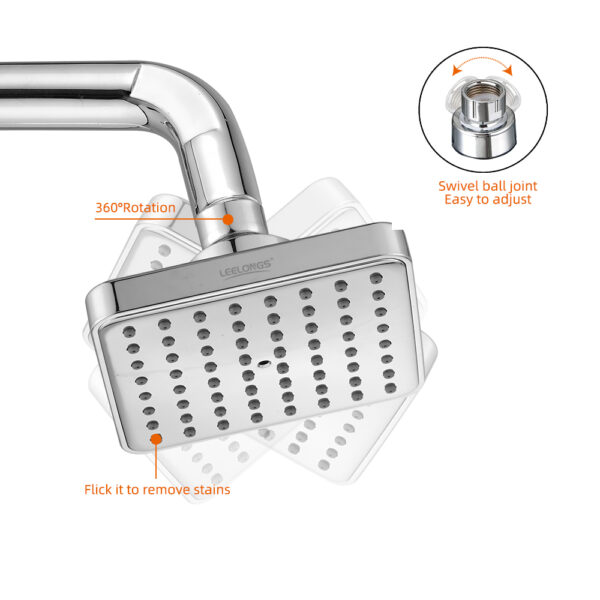 Close-up of a showerhead with rectangular spray, 360° rotation, and an adjustable swivel ball joint. Text annotations highlight features.